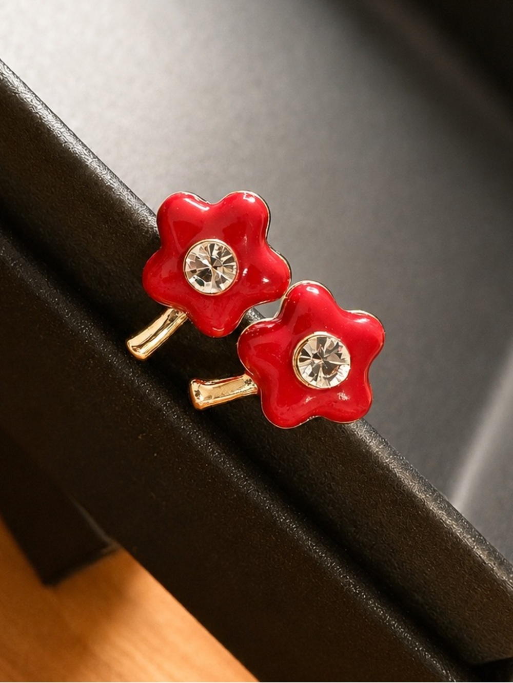Red Flower Rhinestone Stud Earrings – Gold Tone Floral Earrings